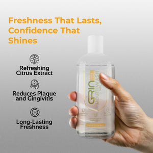 GRIN Mouthwash with 2x Plaque Reduction | 24-Hour Fresh Breath | Lemon | Alcohol-Free & Antioxidant-Rich Formula | Soothes Gums in 1 Use | 300ml Bottle