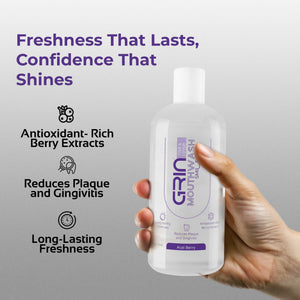 GRIN Mouthwash with 2x Plaque Reduction | 24-Hour Fresh Breath | Berry | Alcohol-Free & Antioxidant-Rich Formula | Soothes Gums in 1 Use | 300ml Bottle (Copy)