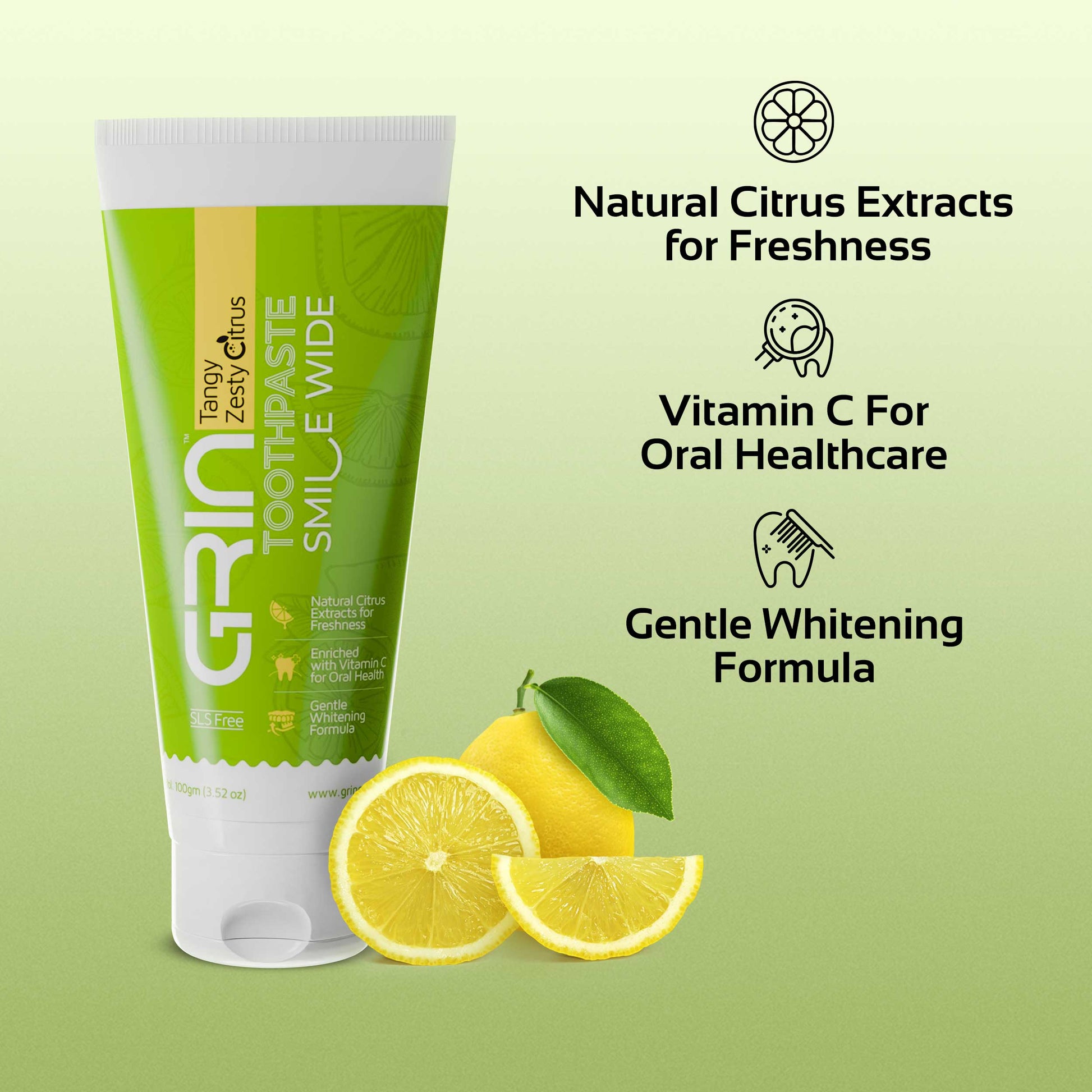 GRIN Toothpaste with Lemon | Gentle Whitening & Fresh Breath | Natural Ingredients | Fluoride-Free | Safe for Daily Use | 100g Tube