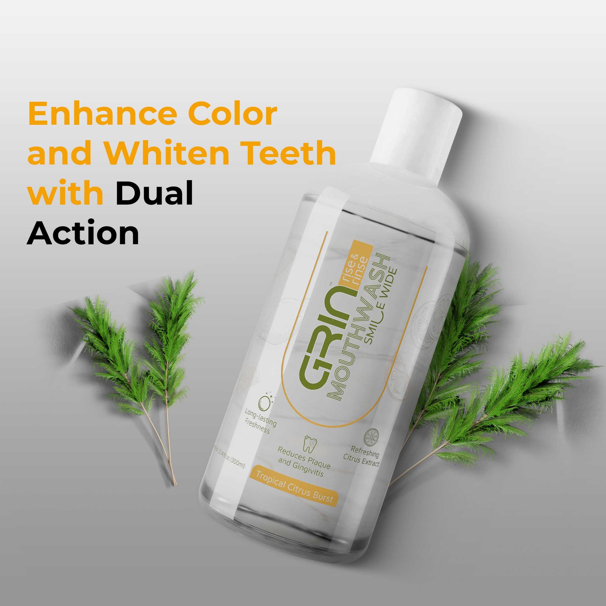 GRIN Mouthwash with 2x Plaque Reduction | 24-Hour Fresh Breath | Lemon | Alcohol-Free & Antioxidant-Rich Formula | Soothes Gums in 1 Use | 300ml Bottle