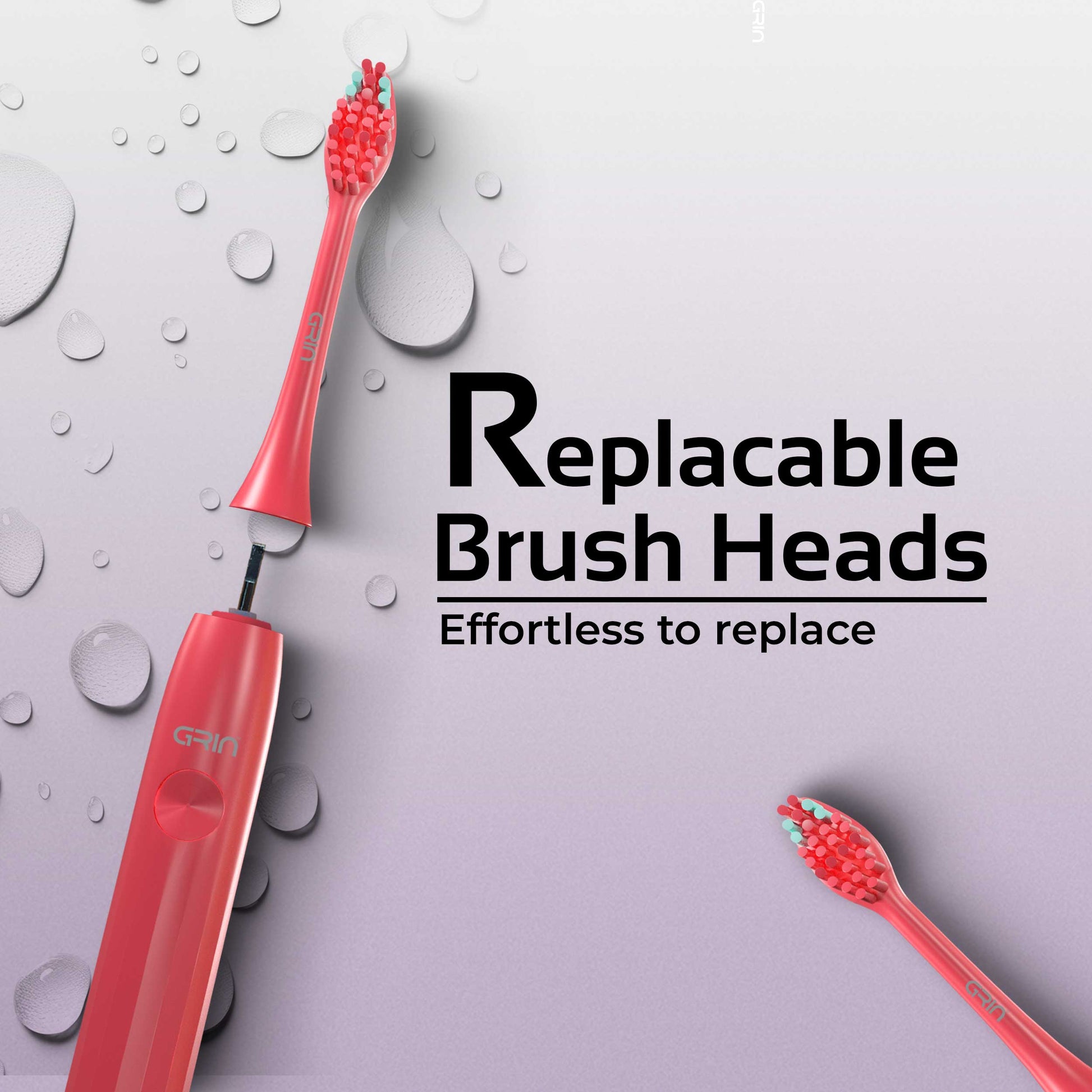 GRIN Replaceable Toothbrush Head | Coral Red | 2x Plaque Removal | Gentle on Gums | Ergonomic Design | Compatible with Most Electric Toothbrushes | Includes 2 Heads | Eco-Friendly Materials