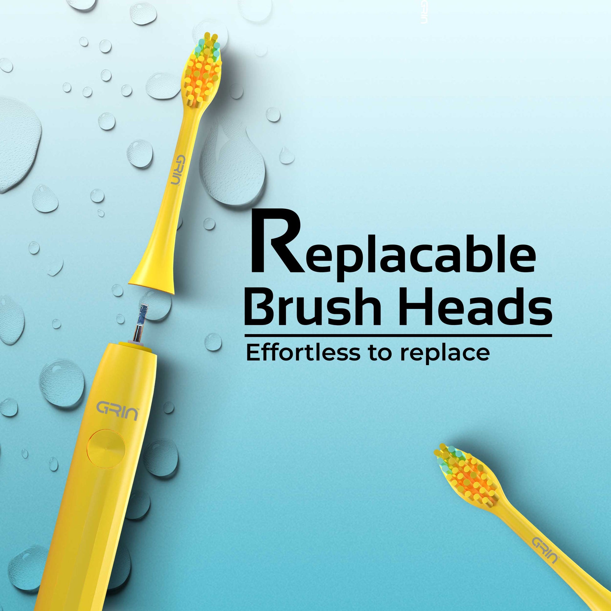 GRIN Replaceable Toothbrush Head | Yellow | 2x Plaque Removal | Gentle on Gums | Ergonomic Design | Compatible with Most Electric Toothbrushes | Includes 2 Heads | Eco-Friendly Materials