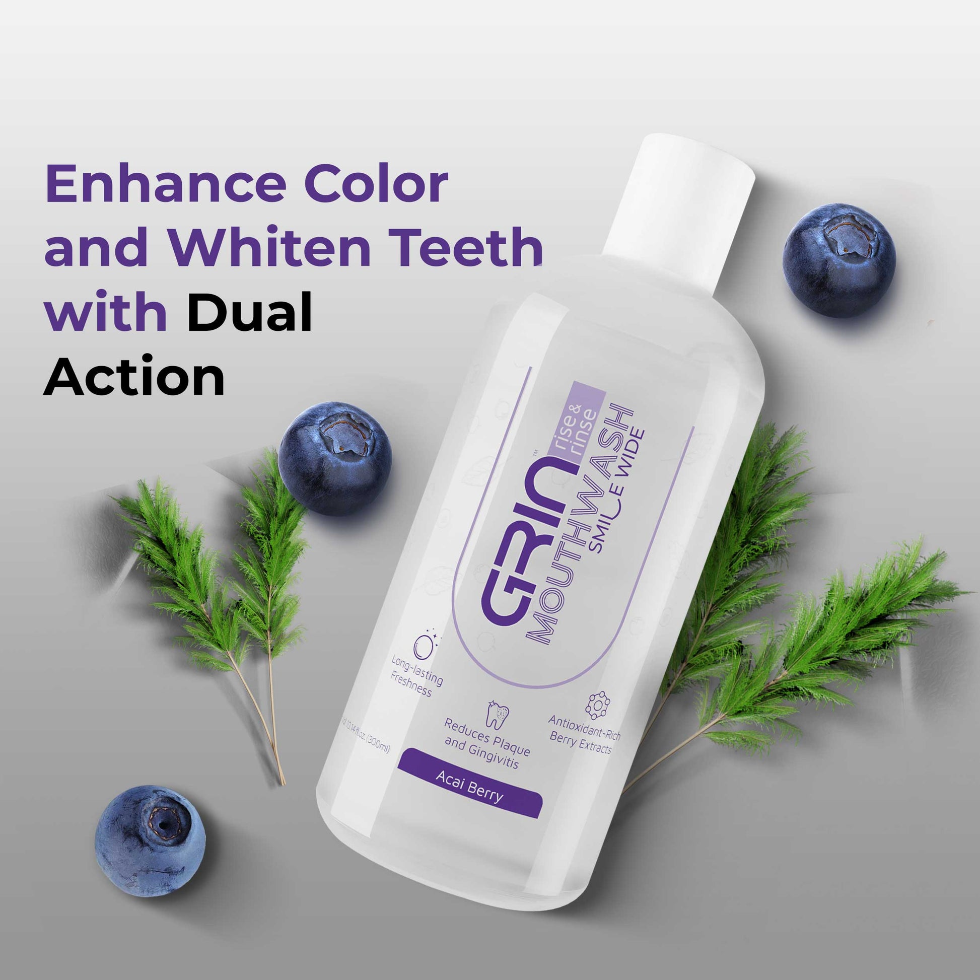 GRIN Mouthwash with 2x Plaque Reduction | 24-Hour Fresh Breath | Berry | Alcohol-Free & Antioxidant-Rich Formula | Soothes Gums in 1 Use | 300ml Bottle (Copy)