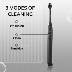 GRIN Technology Electric Toothbrush with 5x Plaque Removal Power | Midnight Black | 3 Brushing Modes (Whitening, Clean, Sensitive) | 6-Month Battery Life | IPX7 Waterproof | 2 Replacement Heads & Travel Case